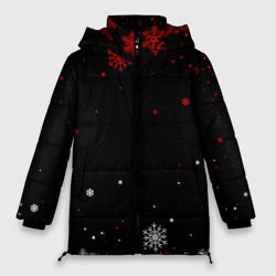 Женская зимняя куртка Oversize Красно белые снежинки на чёрном фоне
