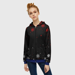 Женская толстовка 3D на молнии Красно белые снежинки на чёрном фоне - фото 2
