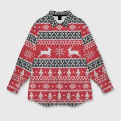 Женская рубашка oversize 3D Новогодний узор с оленями