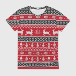 Женская футболка 3D Новогодний узор с оленями