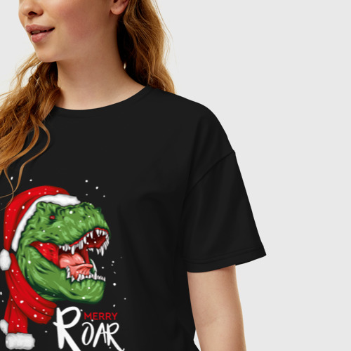 Женская футболка хлопок Oversize T-rex Merry Roar, цвет черный - фото 3