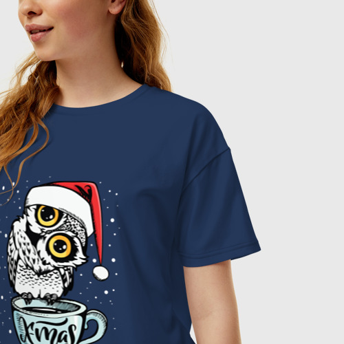 Женская футболка хлопок Oversize X-mas Owl, цвет темно-синий - фото 3