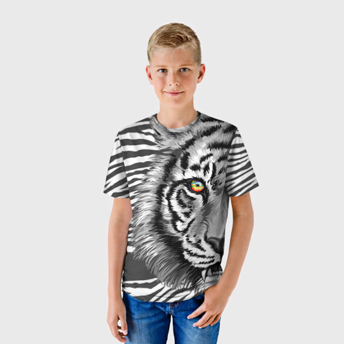 Детская футболка 3D с принтом Голова тигра 22, фото на моделе #1