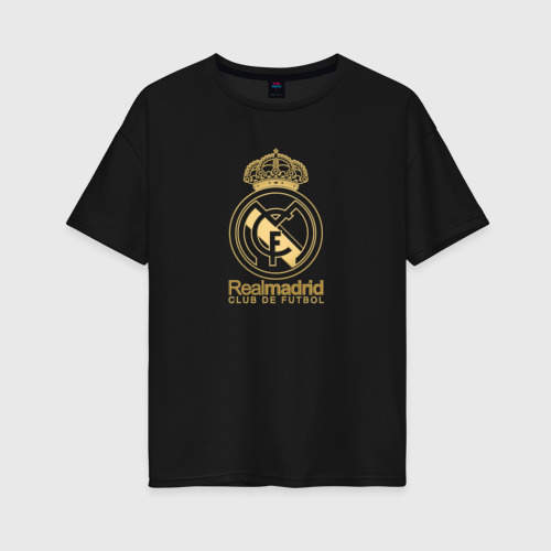 Женская футболка хлопок Oversize Real Madrid gold logo, цвет черный