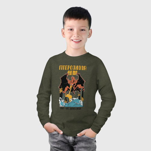 Детский лонгслив хлопок Птерозилла - Птеродактиль в стиле Аниме Годзилла, цвет меланж-хаки - фото 3