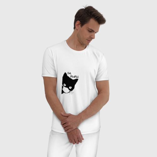 Мужская пижама хлопок Кот в маске, цвет белый - фото 3