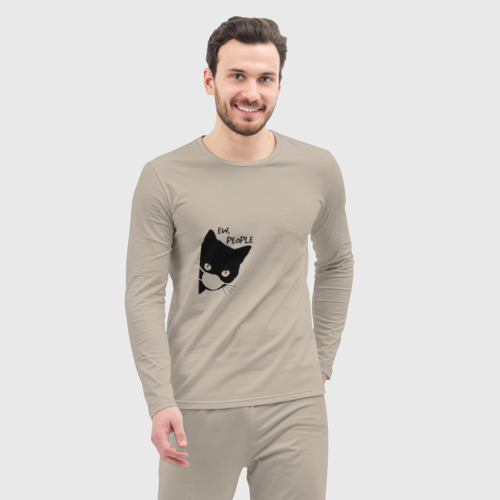 Мужская пижама с лонгсливом хлопок Кот в маске, цвет миндальный - фото 5