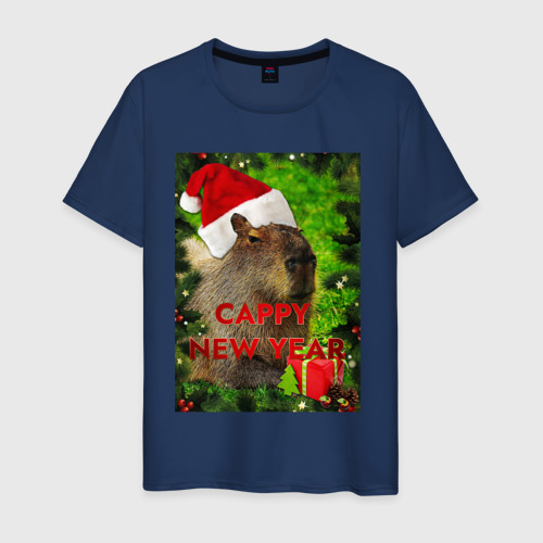 Мужская футболка хлопок Капибара happy new year capybara новый год, цвет темно-синий