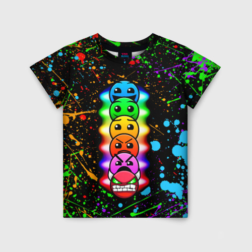 Детская футболка с принтом Geometry Dash levels, брызги красок, вид спереди №1