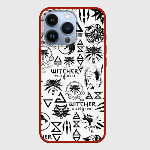 Чехол для iPhone 13 Pro The Witcher logobombing чёрно белый Ведьмак паттерн, цвет красный