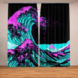 Фотошторы Неоновая Япония, волна, Фудзияма neon Japan