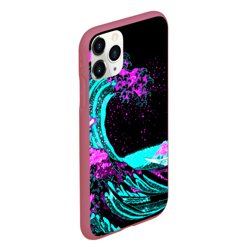 Чехол для iPhone 11 Pro Max матовый Неоновая Япония, волна, Фудзияма neon Japan, цвет малиновый - фото 3