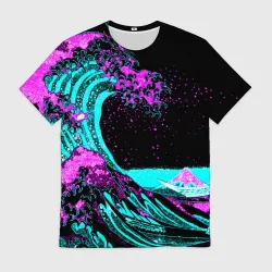 Мужская футболка 3D Неоновая Япония, волна, Фудзияма neon Japan