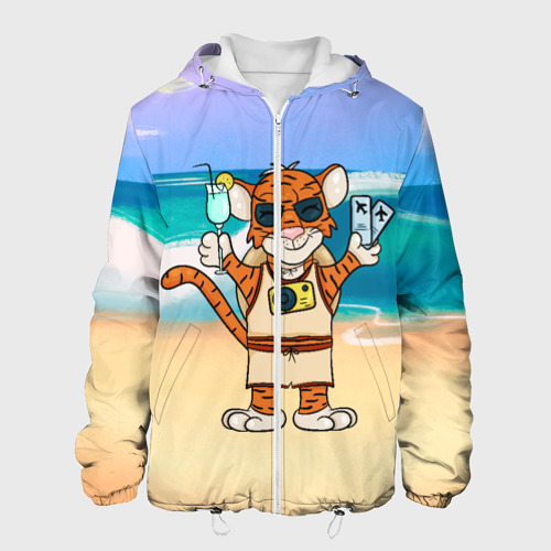 Мужская куртка 3D с принтом Тигр в отпуске на новый год (на море), вид спереди #2