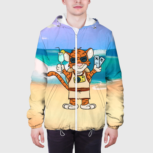 Мужская куртка 3D с принтом Тигр в отпуске на новый год (на море), вид сбоку #3