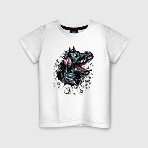 Детская футболка хлопок Динозавр меломан - музыка, цвет белый