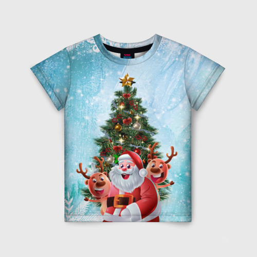 Детская футболка 3D с принтом Санта и олени, вид спереди #2
