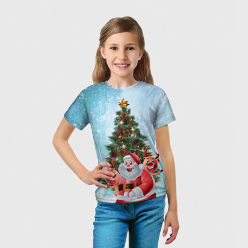 Детская футболка 3D с принтом Санта и олени, вид сбоку #3