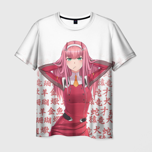 Мужская футболка 02 Zero Two Darling IN the Franxx иероглифы купитьнедорого в онлайн магазине, заказать на сайте подарок из коллекции «Аниме»