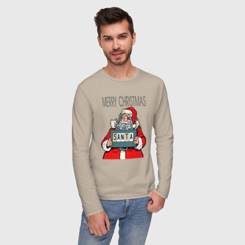 Мужской лонгслив хлопок с принтом Merry Christmas: Санта с синяком, фото на моделе #1