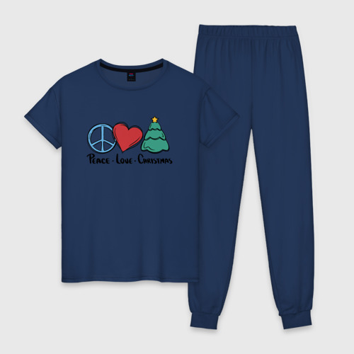 Женская пижама хлопок Peace Love and Christmas, цвет темно-синий