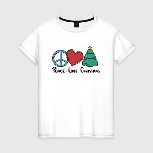 Женская футболка хлопок Peace Love and Christmas, цвет белый