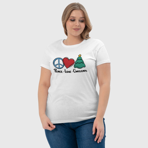 Женская футболка хлопок Peace Love and Christmas, цвет белый - фото 6