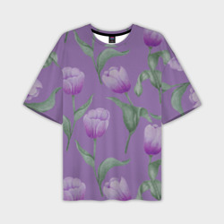 Мужская футболка oversize 3D Фиолетовые тюльпаны с зелеными листьями