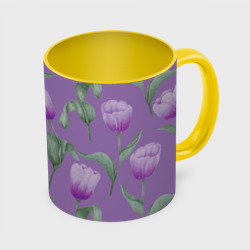 Кружка с полной запечаткой Фиолетовые тюльпаны с зелеными листьями
