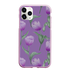 Чехол для iPhone 11 Pro Max матовый Фиолетовые тюльпаны с зелеными листьями
