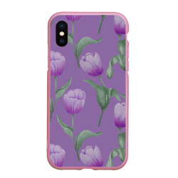Чехол для iPhone XS Max матовый Фиолетовые тюльпаны с зелеными листьями
