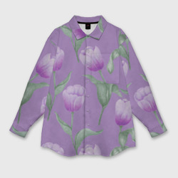 Мужская рубашка oversize 3D Фиолетовые тюльпаны с зелеными листьями