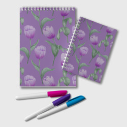 Блокнот Фиолетовые тюльпаны с зелеными листьями