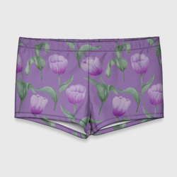 Мужские купальные плавки 3D Фиолетовые тюльпаны с зелеными листьями