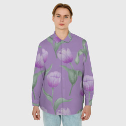 Мужская рубашка oversize 3D Фиолетовые тюльпаны с зелеными листьями - фото 2