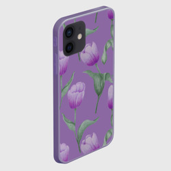 Чехол для iPhone 12 Mini Фиолетовые тюльпаны с зелеными листьями - фото 2