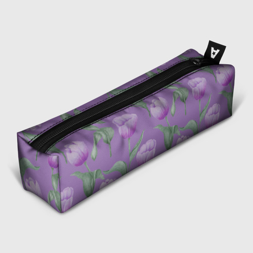 Пенал школьный 3D с принтом Фиолетовые тюльпаны с зелеными листьями, вид спереди #2