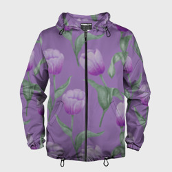Мужская ветровка 3D Фиолетовые тюльпаны с зелеными листьями