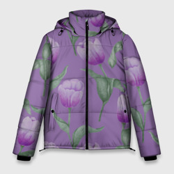 Мужская зимняя куртка 3D Фиолетовые тюльпаны с зелеными листьями