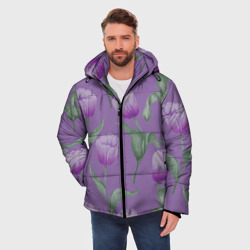Мужская зимняя куртка 3D Фиолетовые тюльпаны с зелеными листьями - фото 2