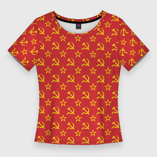 Женская футболка 3D Slim Желтый серп и молот СССР на красном, цвет 3D печать