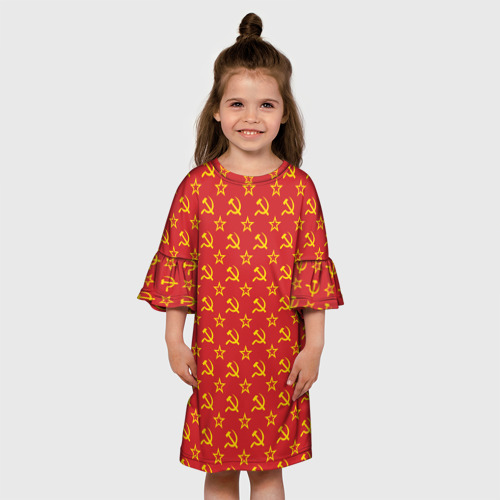 Детское платье 3D Желтый серп и молот СССР на красном, цвет 3D печать - фото 4
