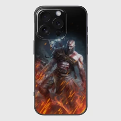 Чехол для iPhone 16 Pro силиконовый с защитой камеры Кратос в огне God of war на спине