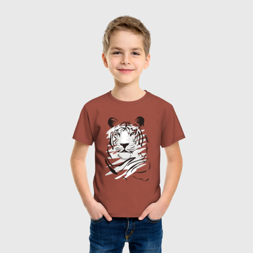 Детская футболка хлопок с принтом Тигр черно-белый, фото на моделе #1