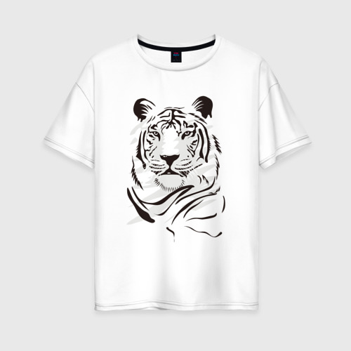 Женская футболка хлопок Oversize с принтом Тигр черно-белый, вид спереди #2