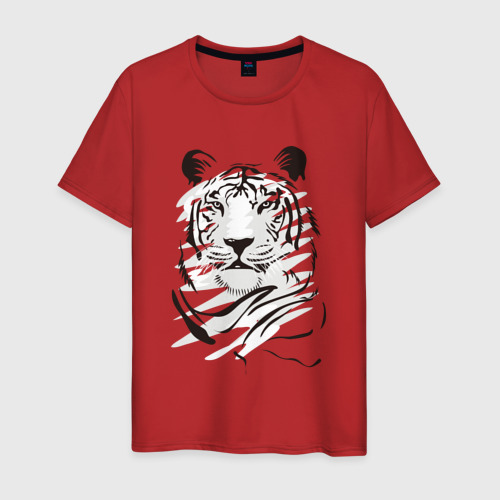 Мужская футболка хлопок с принтом Тигр черно-белый, вид спереди #2
