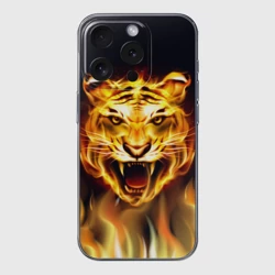 Чехол для iPhone 15 Pro силиконовый с защитой камеры Тигр В Пламени