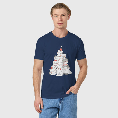 Мужская футболка хлопок Новогодняя елка из котов, цвет темно-синий - фото 3
