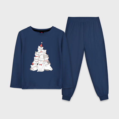 Детская пижама с лонгсливом хлопок Новогодняя елка из котов, цвет темно-синий