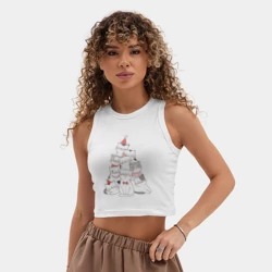 Женская укороченная майка-топ хлопок Новогодняя елка из котов - фото 2